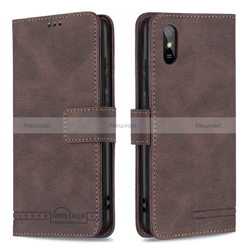 Leather Case Stands Flip Cover Holder B05F for Xiaomi Redmi 9i Brown