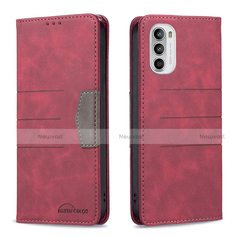 Leather Case Stands Flip Cover Holder B06F for Motorola MOTO G52 Red