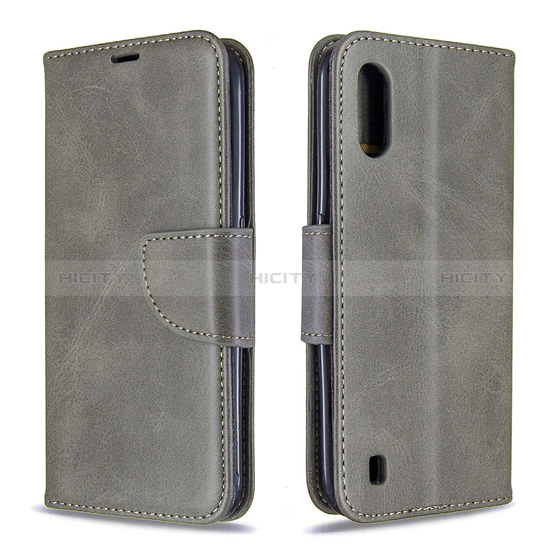 Leather Case Stands Flip Cover Holder B06F for Samsung Galaxy A01 SM-A015 Gray