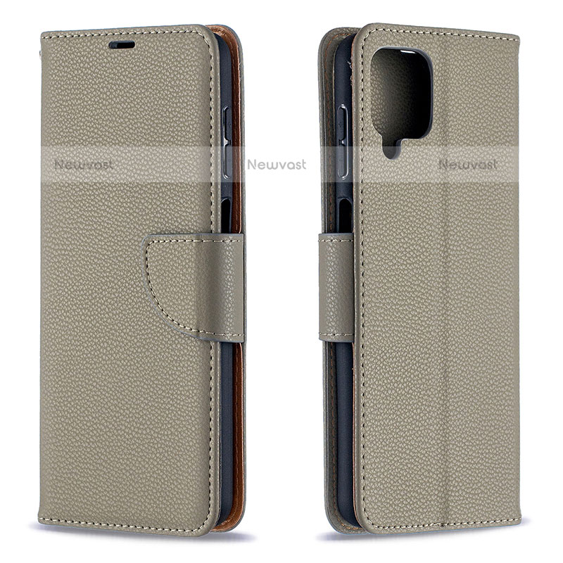 Leather Case Stands Flip Cover Holder B06F for Samsung Galaxy A12 Gray