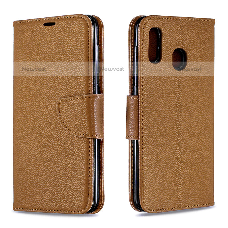 Leather Case Stands Flip Cover Holder B06F for Samsung Galaxy A20 Brown