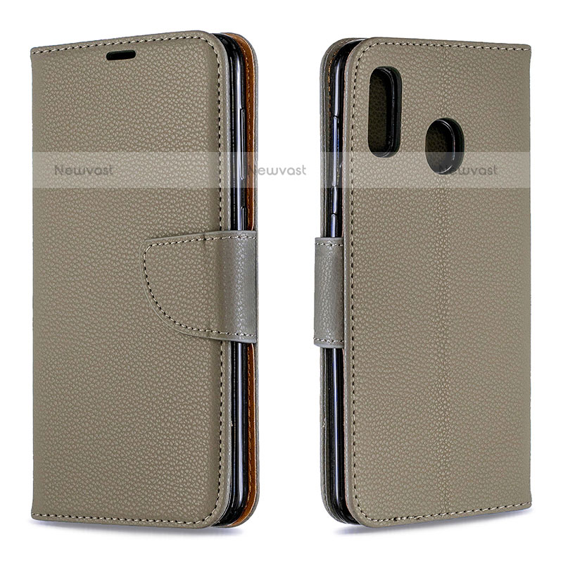 Leather Case Stands Flip Cover Holder B06F for Samsung Galaxy A20 Gray