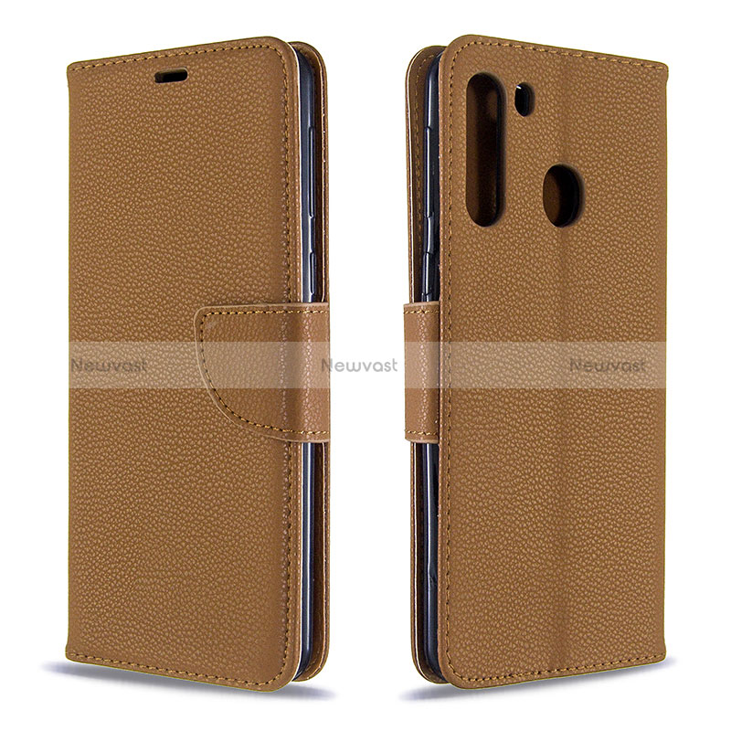 Leather Case Stands Flip Cover Holder B06F for Samsung Galaxy A21 Brown