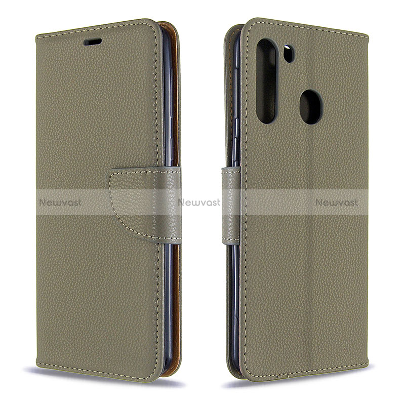 Leather Case Stands Flip Cover Holder B06F for Samsung Galaxy A21 Gray