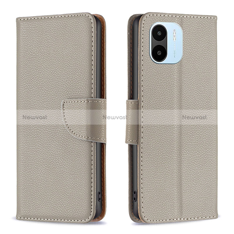 Leather Case Stands Flip Cover Holder B06F for Xiaomi Poco C51 Gray