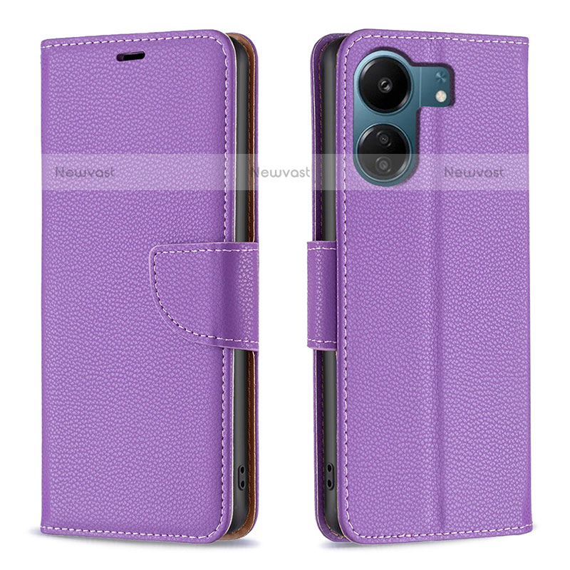 Leather Case Stands Flip Cover Holder B06F for Xiaomi Poco C65 Purple