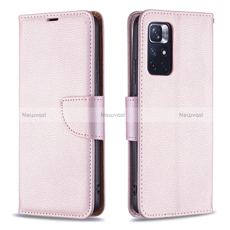 Leather Case Stands Flip Cover Holder B06F for Xiaomi Poco M4 Pro 5G Rose Gold