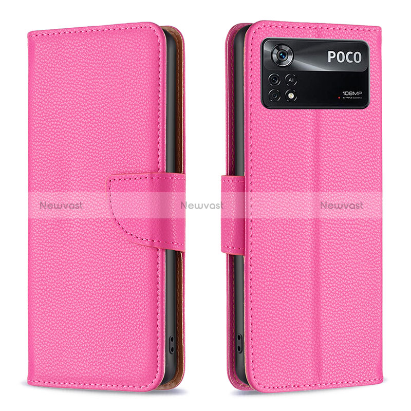 Leather Case Stands Flip Cover Holder B06F for Xiaomi Poco X4 Pro 5G Hot Pink