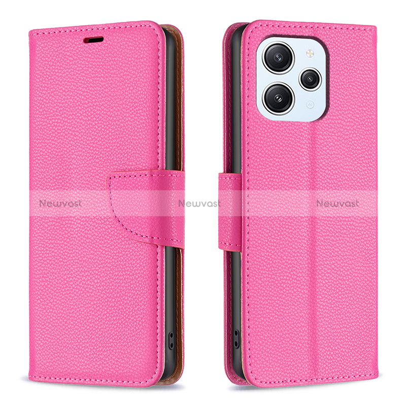 Leather Case Stands Flip Cover Holder B06F for Xiaomi Redmi 12 4G Hot Pink