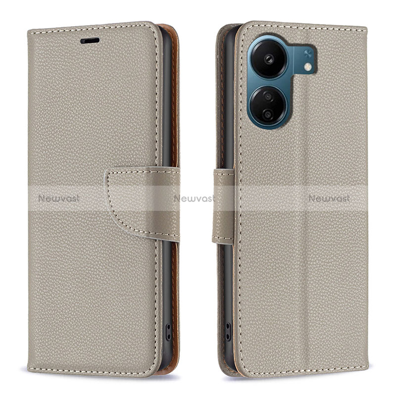 Leather Case Stands Flip Cover Holder B06F for Xiaomi Redmi 13C Gray