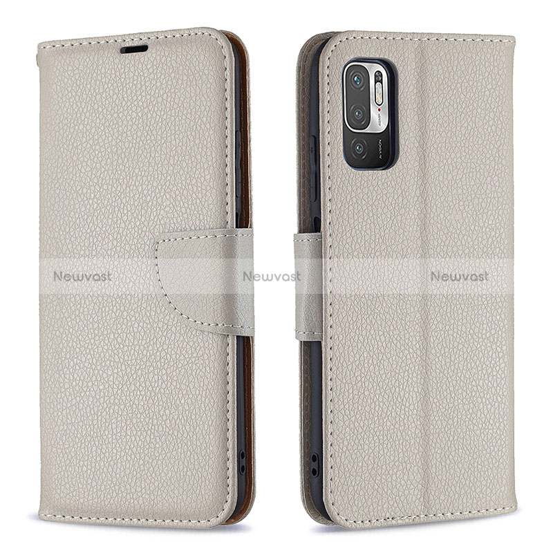 Leather Case Stands Flip Cover Holder B06F for Xiaomi Redmi Note 10 5G Gray