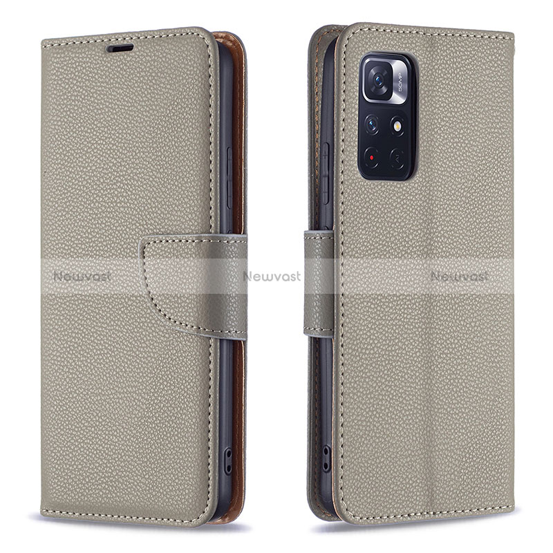 Leather Case Stands Flip Cover Holder B06F for Xiaomi Redmi Note 11 5G Gray