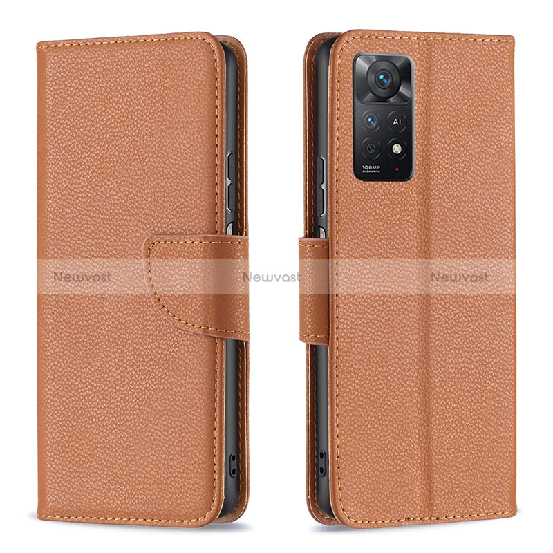 Leather Case Stands Flip Cover Holder B06F for Xiaomi Redmi Note 11 Pro 5G Brown