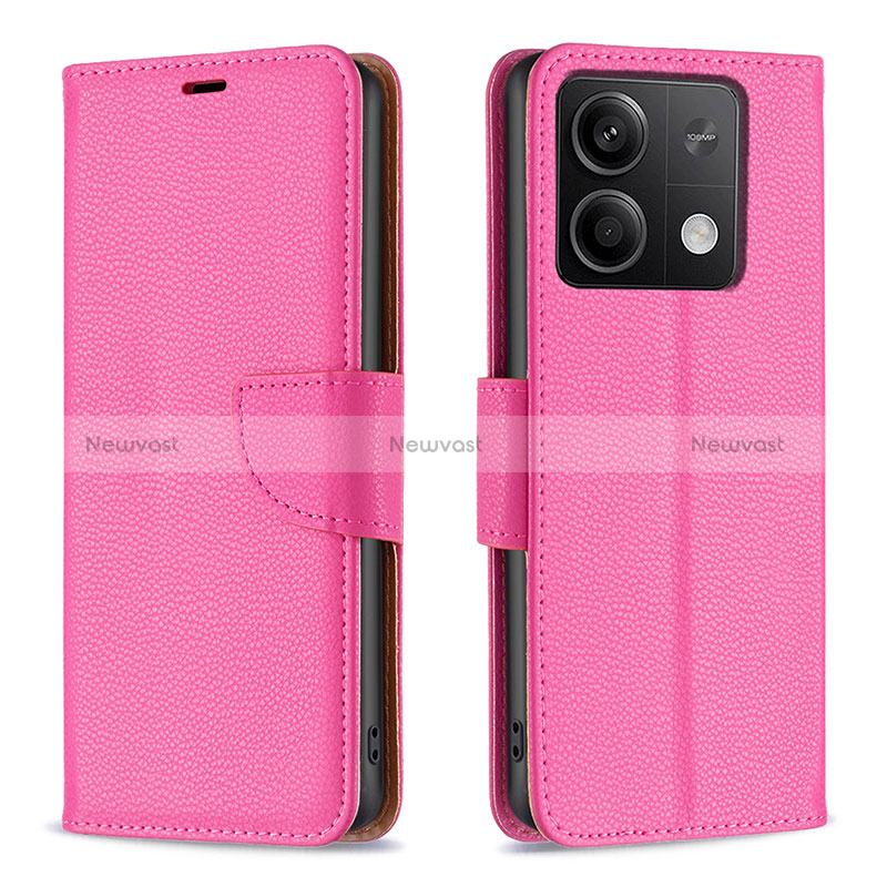 Leather Case Stands Flip Cover Holder B06F for Xiaomi Redmi Note 13 5G Hot Pink