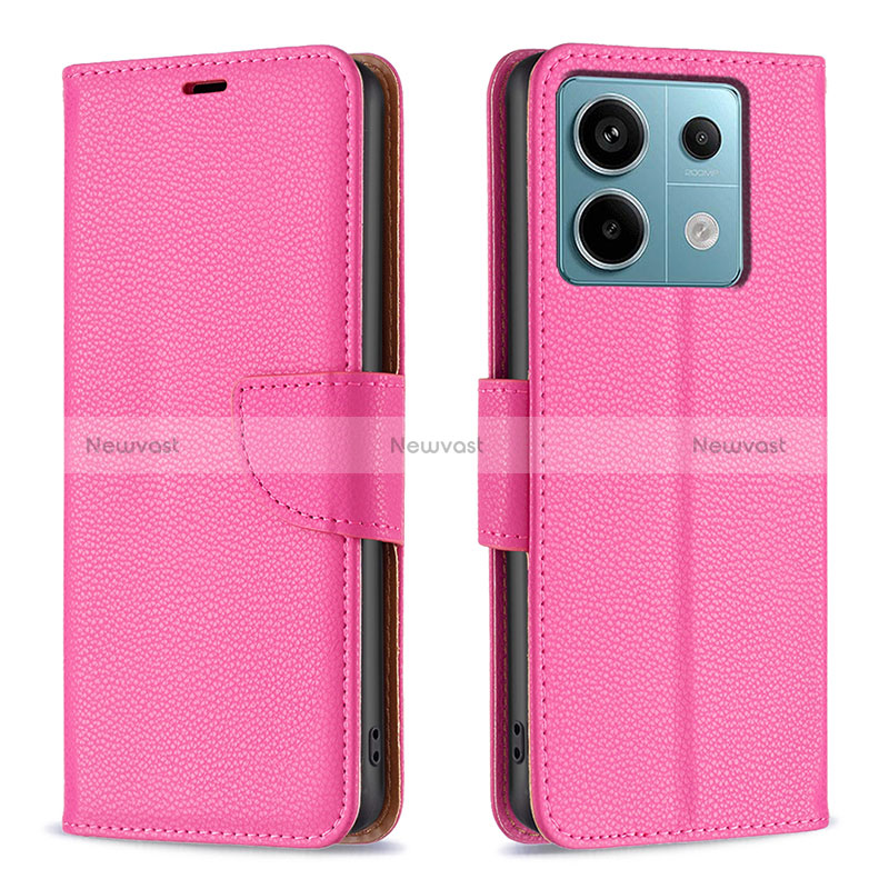 Leather Case Stands Flip Cover Holder B06F for Xiaomi Redmi Note 13 Pro 5G Hot Pink