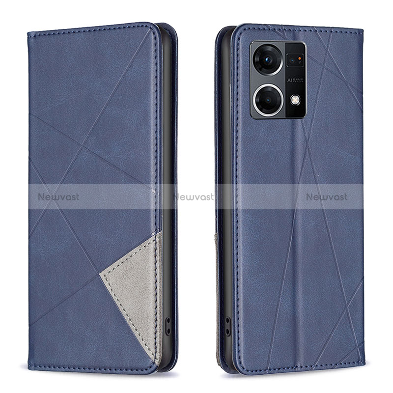 Leather Case Stands Flip Cover Holder B07F for Oppo Reno7 4G Blue