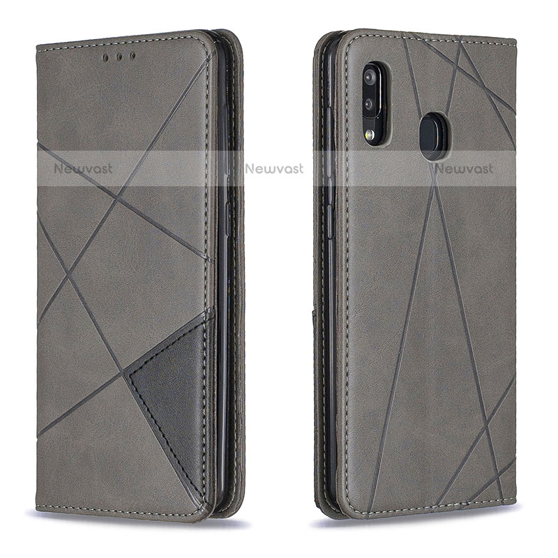 Leather Case Stands Flip Cover Holder B07F for Samsung Galaxy A20 Gray