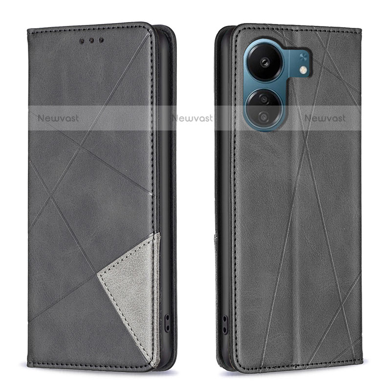 Leather Case Stands Flip Cover Holder B07F for Xiaomi Poco C65 Black