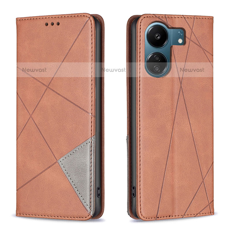 Leather Case Stands Flip Cover Holder B07F for Xiaomi Poco C65 Brown