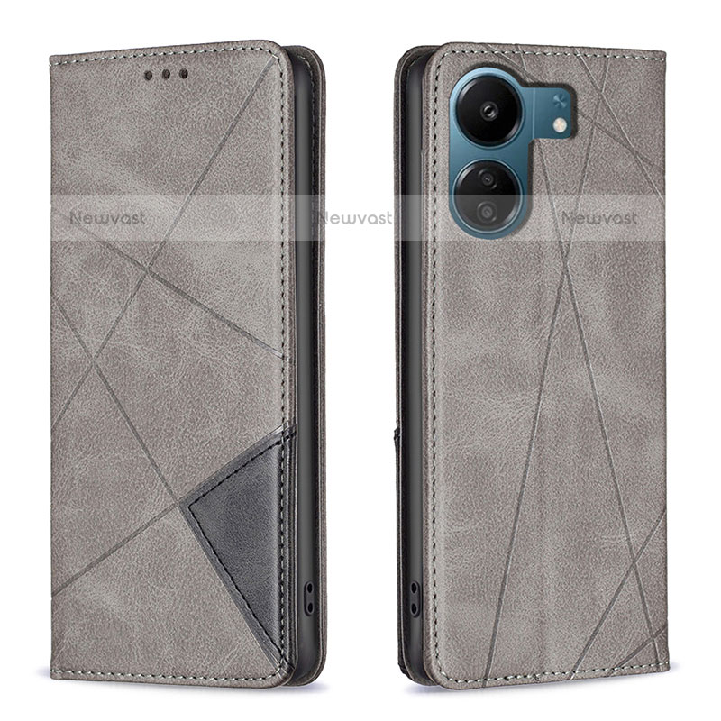 Leather Case Stands Flip Cover Holder B07F for Xiaomi Poco C65 Gray