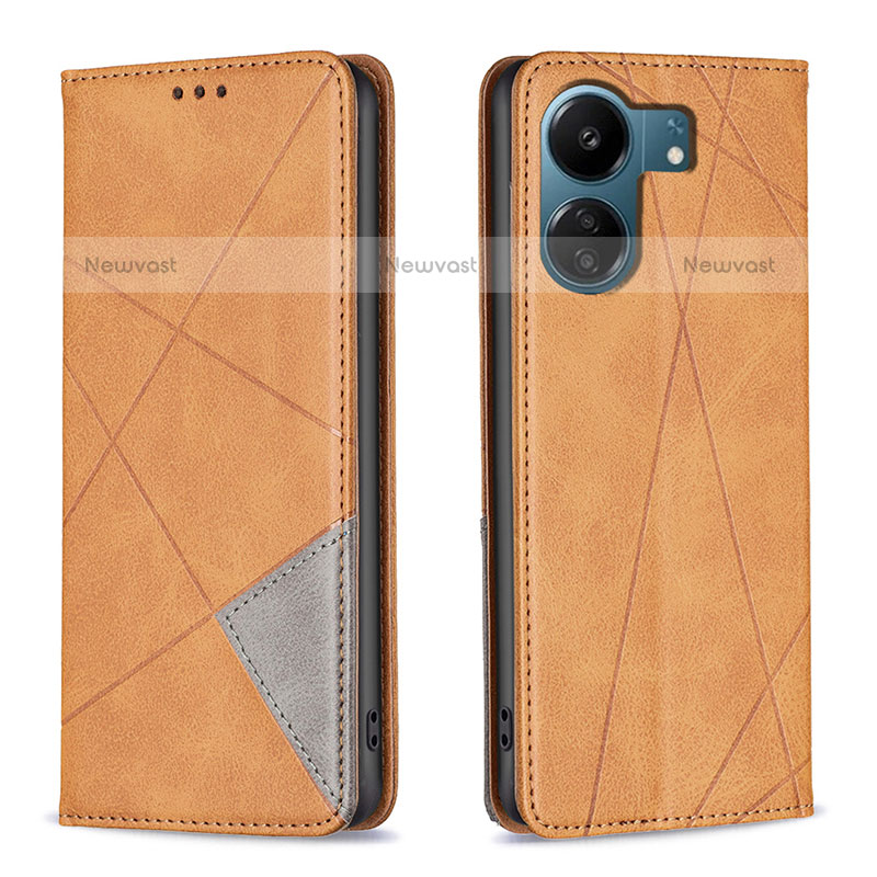 Leather Case Stands Flip Cover Holder B07F for Xiaomi Poco C65 Light Brown