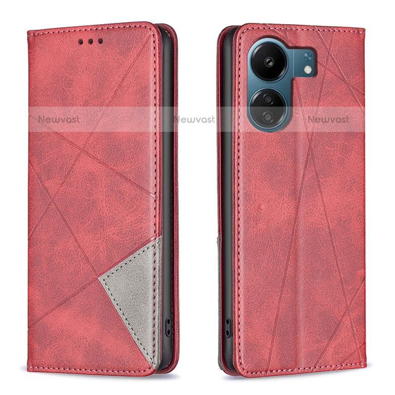 Leather Case Stands Flip Cover Holder B07F for Xiaomi Poco C65 Red