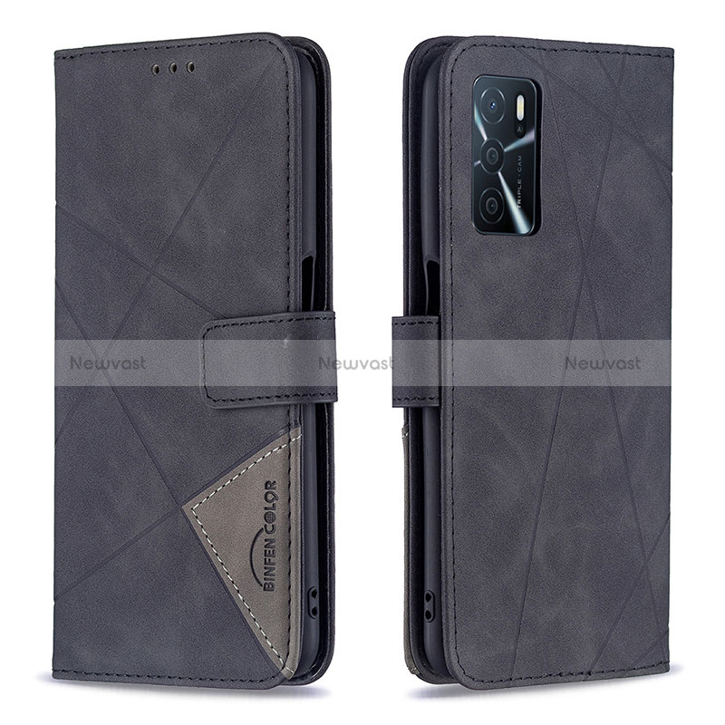 Leather Case Stands Flip Cover Holder B08F for Oppo A16s Black