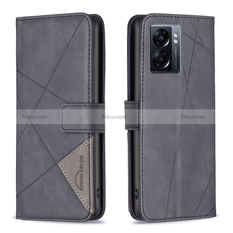 Leather Case Stands Flip Cover Holder B08F for Oppo A57 5G Black