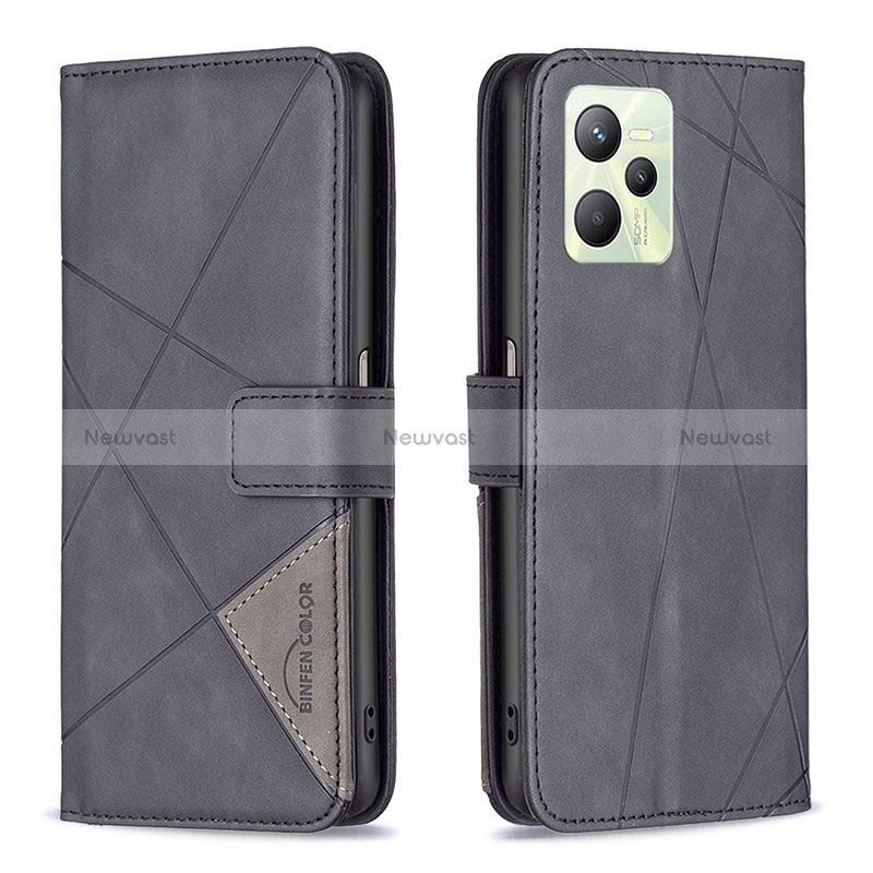 Leather Case Stands Flip Cover Holder B08F for Realme Narzo 50A Prime Black