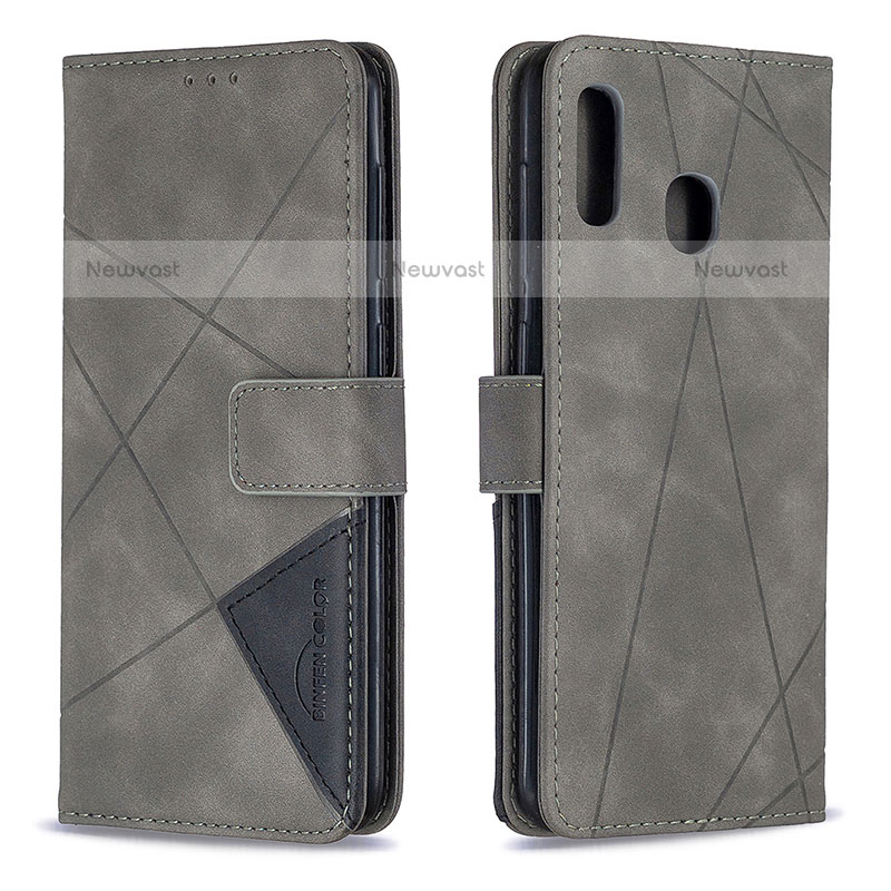 Leather Case Stands Flip Cover Holder B08F for Samsung Galaxy A20 Gray