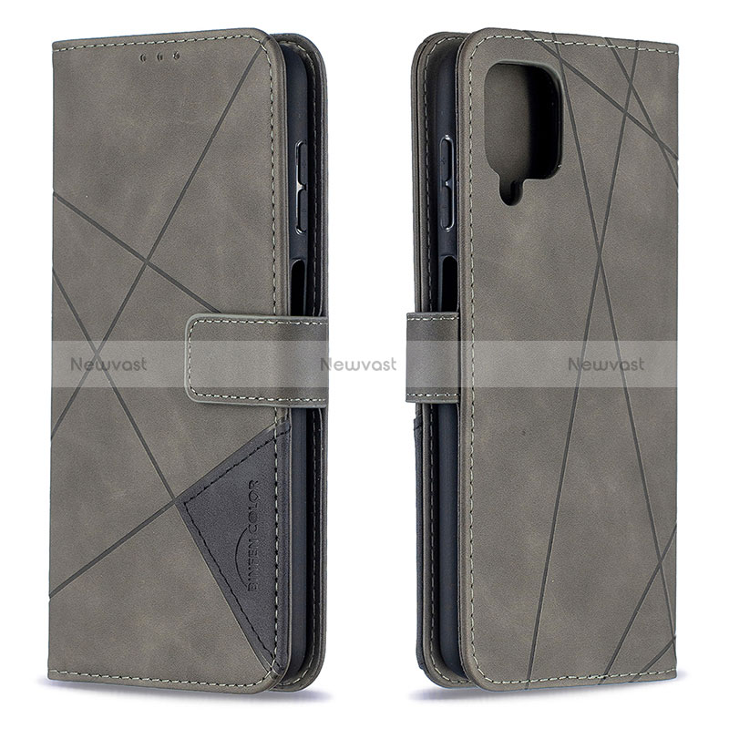 Leather Case Stands Flip Cover Holder B08F for Samsung Galaxy M12 Gray
