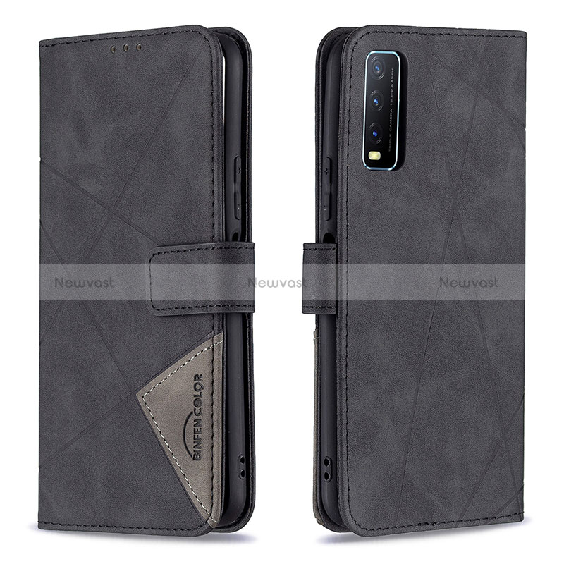 Leather Case Stands Flip Cover Holder B08F for Vivo Y12s (2021) Black