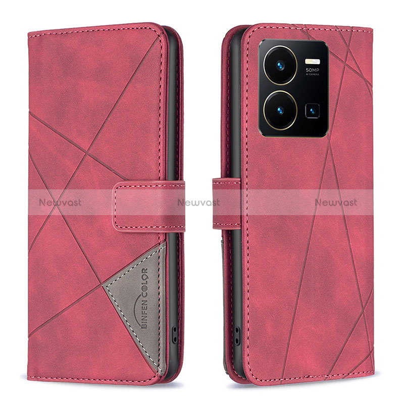 Leather Case Stands Flip Cover Holder B08F for Vivo Y35 4G Red