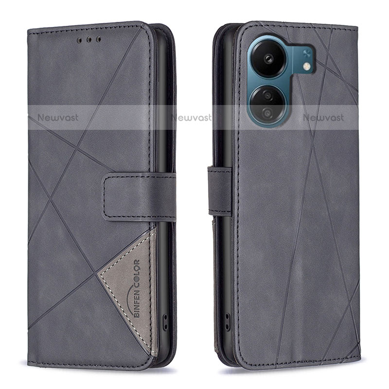 Leather Case Stands Flip Cover Holder B08F for Xiaomi Poco C65 Black