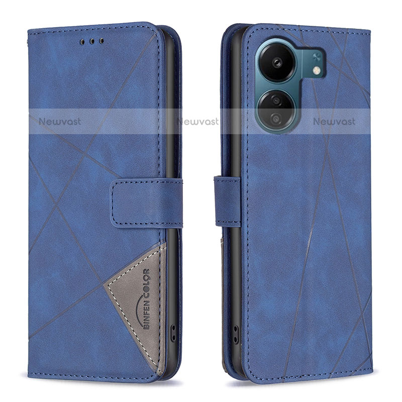 Leather Case Stands Flip Cover Holder B08F for Xiaomi Poco C65 Blue