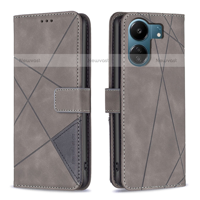 Leather Case Stands Flip Cover Holder B08F for Xiaomi Poco C65 Gray