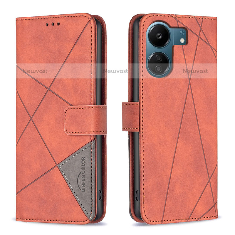 Leather Case Stands Flip Cover Holder B08F for Xiaomi Poco C65 Orange