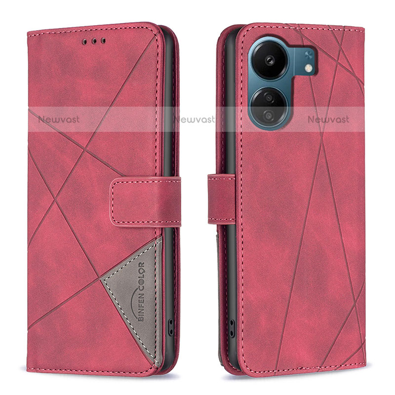 Leather Case Stands Flip Cover Holder B08F for Xiaomi Poco C65 Red