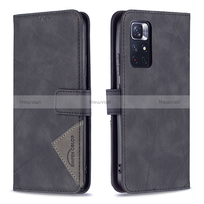 Leather Case Stands Flip Cover Holder B08F for Xiaomi Poco M4 Pro 5G Black