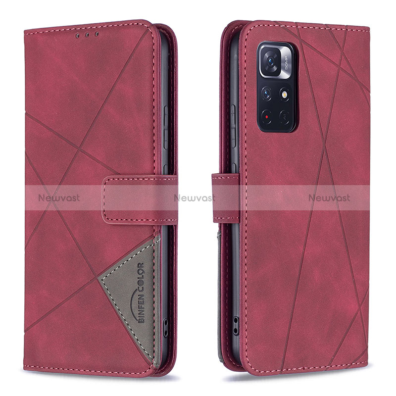 Leather Case Stands Flip Cover Holder B08F for Xiaomi Poco M4 Pro 5G Red