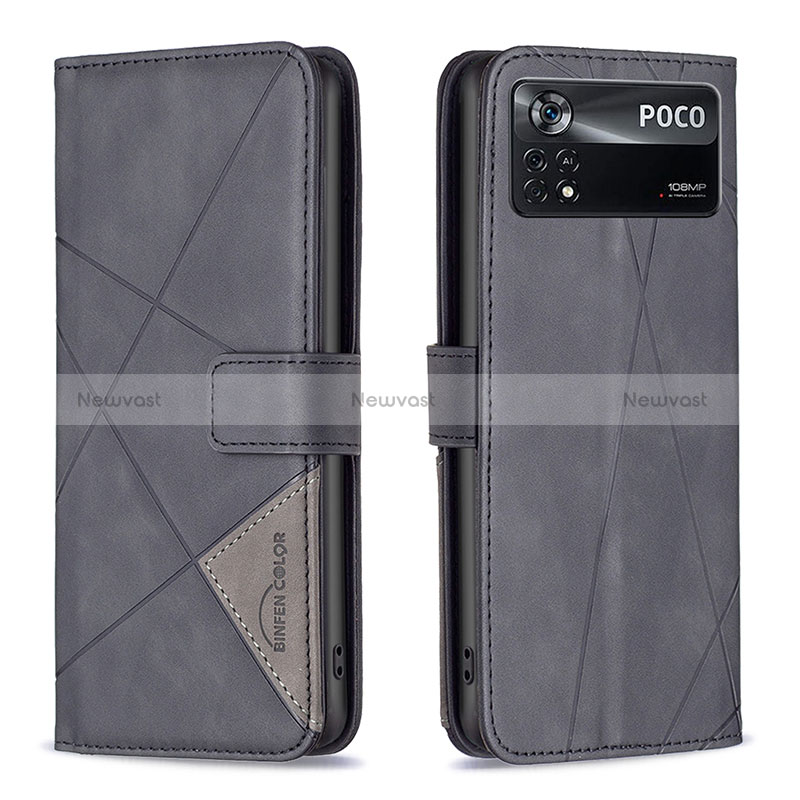 Leather Case Stands Flip Cover Holder B08F for Xiaomi Poco X4 Pro 5G Black