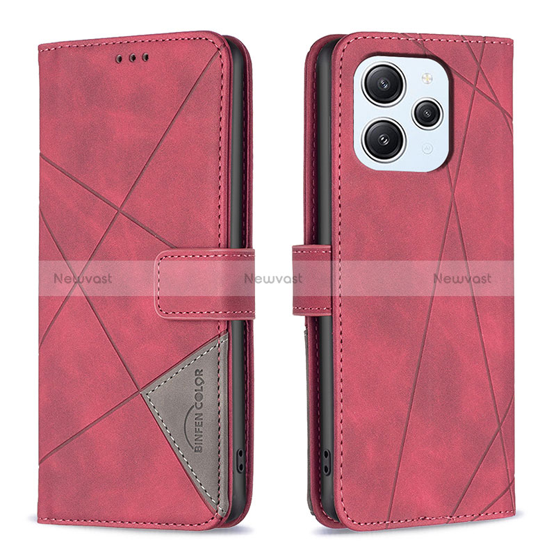 Leather Case Stands Flip Cover Holder B08F for Xiaomi Redmi 12 4G Red