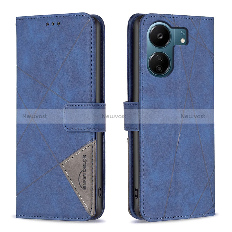 Leather Case Stands Flip Cover Holder B08F for Xiaomi Redmi 13C Blue