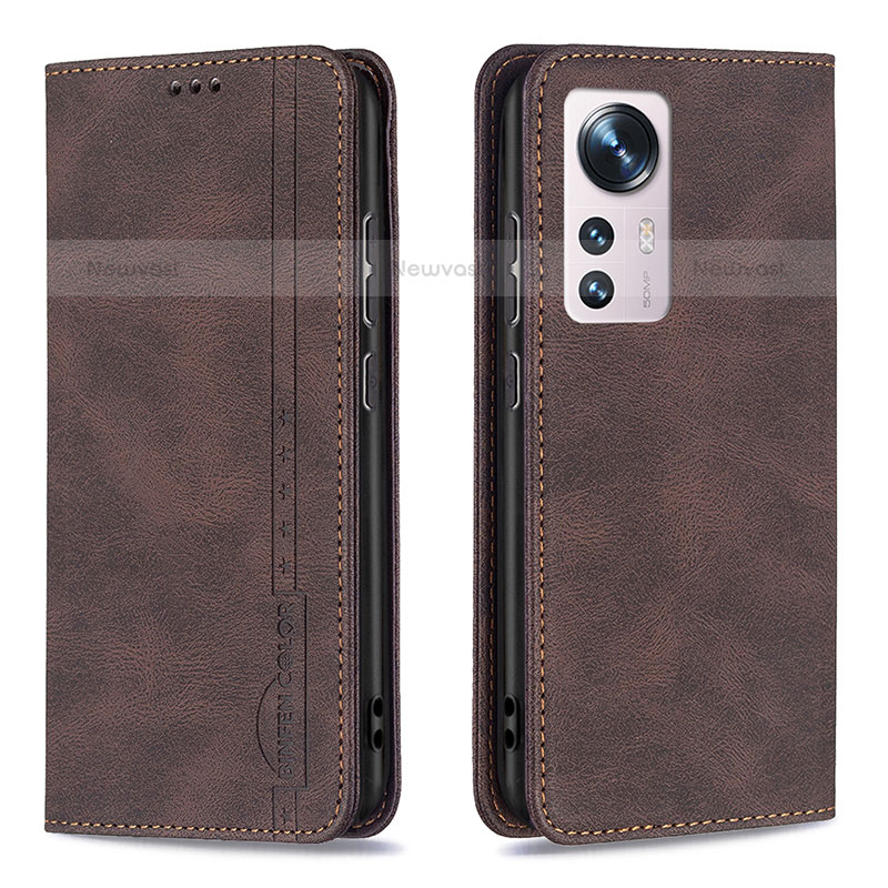 Leather Case Stands Flip Cover Holder B09F for Xiaomi Mi 12S 5G Brown