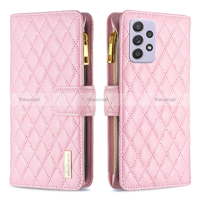 Leather Case Stands Flip Cover Holder B11F for Samsung Galaxy A52 5G Rose Gold