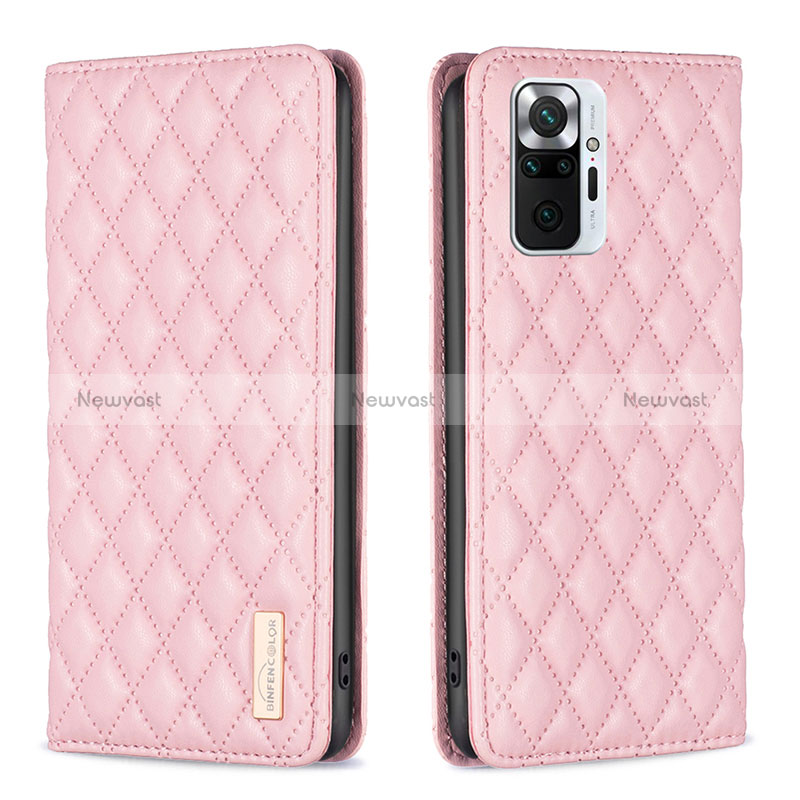 Leather Case Stands Flip Cover Holder B11F for Xiaomi Redmi Note 10 Pro 4G Rose Gold