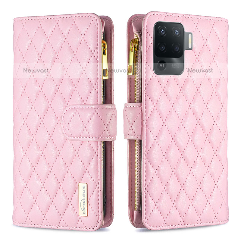 Leather Case Stands Flip Cover Holder B12F for Oppo A94 4G Rose Gold