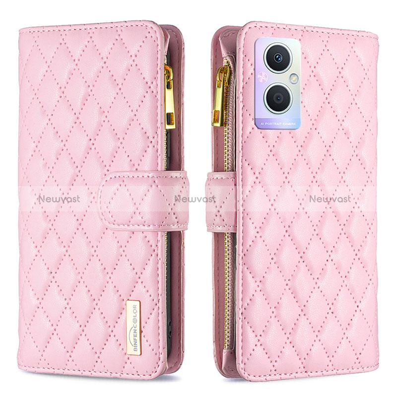 Leather Case Stands Flip Cover Holder B12F for Oppo A96 5G Rose Gold