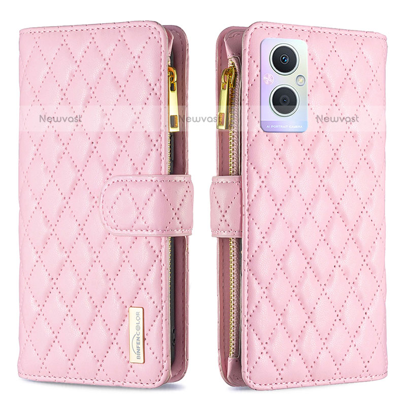 Leather Case Stands Flip Cover Holder B12F for Oppo F21 Pro 5G Rose Gold