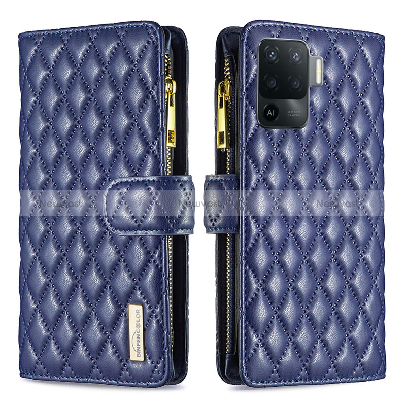 Leather Case Stands Flip Cover Holder B12F for Oppo Reno5 Lite Blue